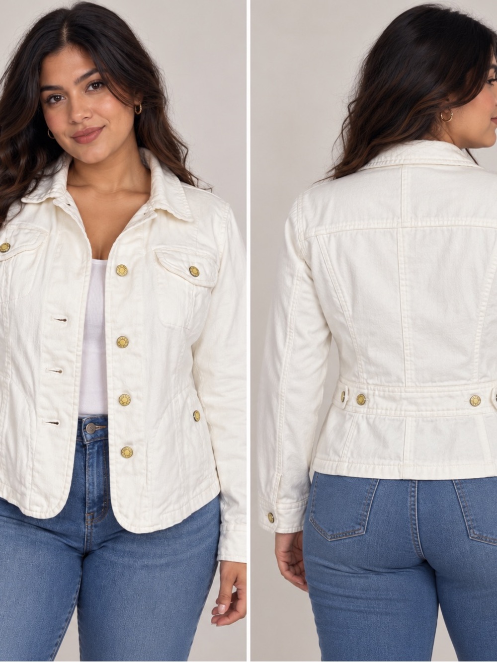 Talbots Women’s Size 2 White Denim Jacket Stretch Cotton Gold Buttons